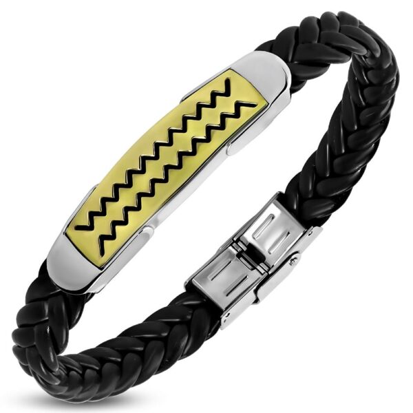 Fekete színű, fonott bőr karkötő, arany és ezüst színű nemesacél dísszel