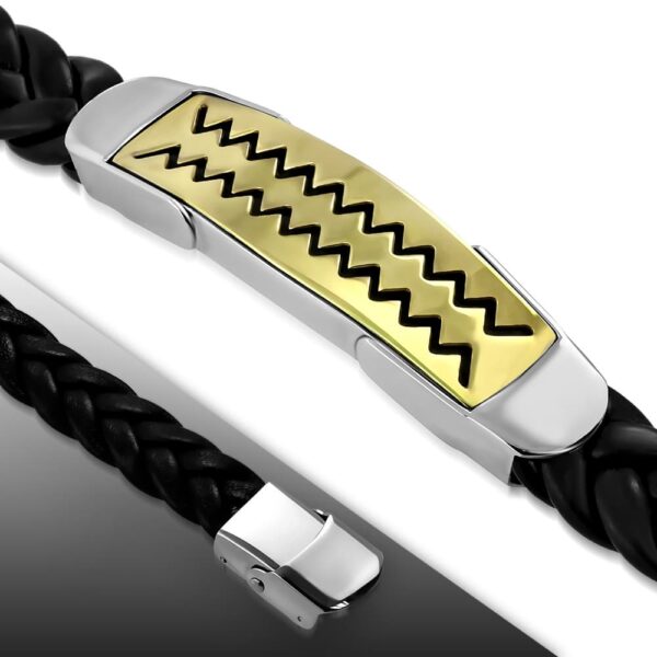 Fekete színű, fonott bőr karkötő, arany és ezüst színű nemesacél dísszel