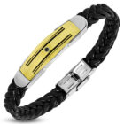 Fekete fonott bőrkarkötő, arany és ezüst színű nemesacél dísszel