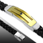 Fekete fonott bőrkarkötő, arany és ezüst színű nemesacél dísszel