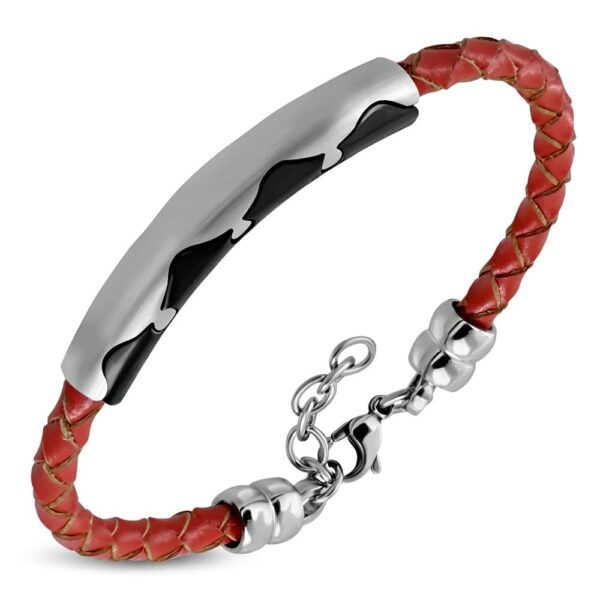 Piros bőr karkötő, fekete - ezüst színű nemesacél dísszel