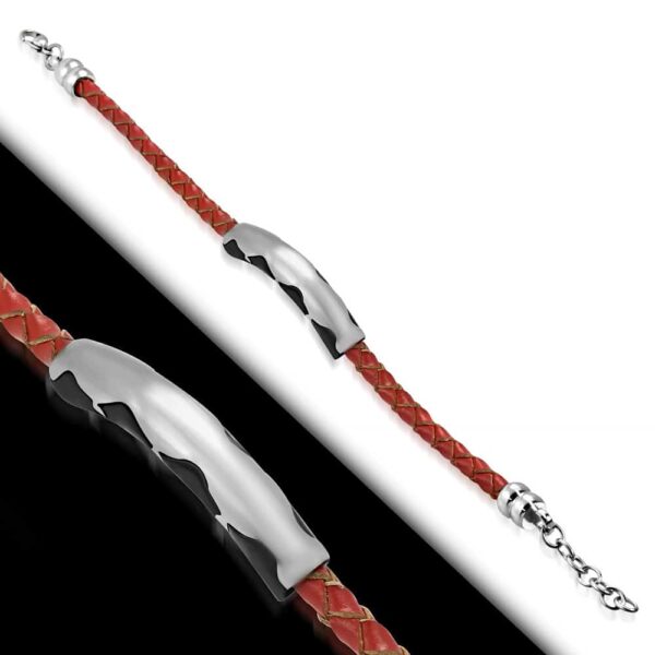 Piros bőr karkötő, fekete - ezüst színű nemesacél dísszel