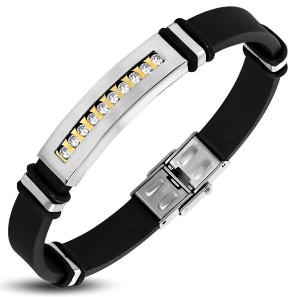 Kaucsuk karkötő, arany és ezüst színű nemesacél dísszel, cirkónia kristállyal