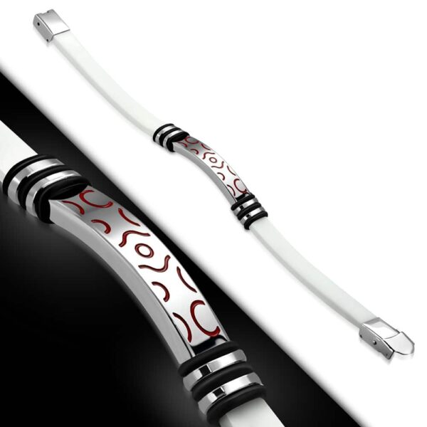 Fehér színű kaucsuk karkötő, ezüst színű, mintás nemesacél dísszel