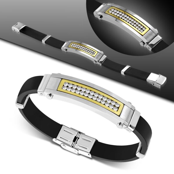 Kaucsuk karkötő, arany és ezüst színű nemesacél dísszel, cirkónia kristállyal