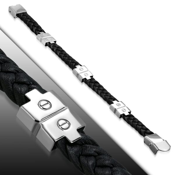 Feket bőr karkötő, nemesacél dísszel