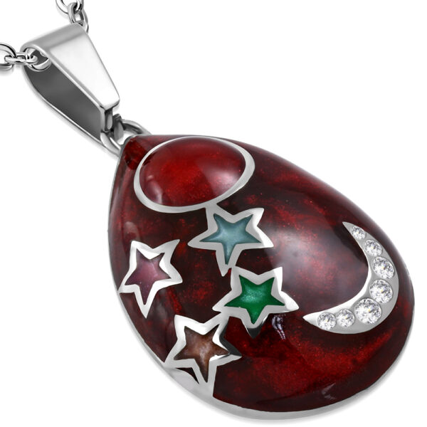 Piros színű, ovális alakú, csillag mintás nemesacél medál ékszer, cirkónia kristállyal
