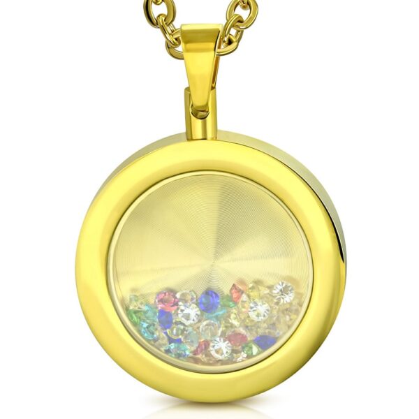 Arany színű, kör alakú nemesacél medál, színes kristályokkal