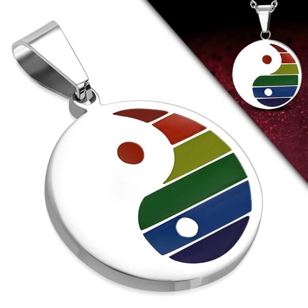 Ezüst színű nemesacél medál, szivárvány színű Yin-Yang mintával