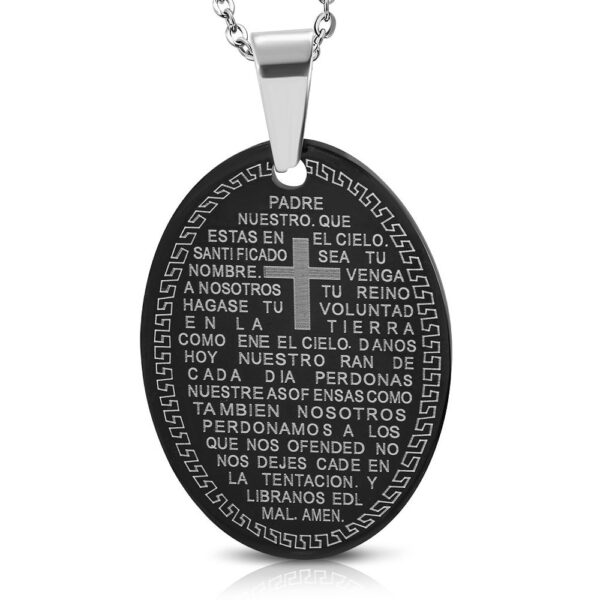 Fekete színű ovál nemesacél medál - Spanyol szent felirattal