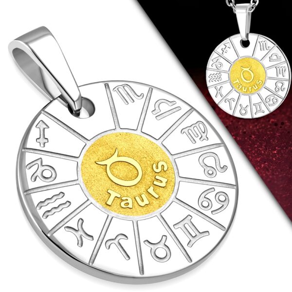 Ezüst és arany színű, kör alakú bika horoszkóp nemesacél medál 