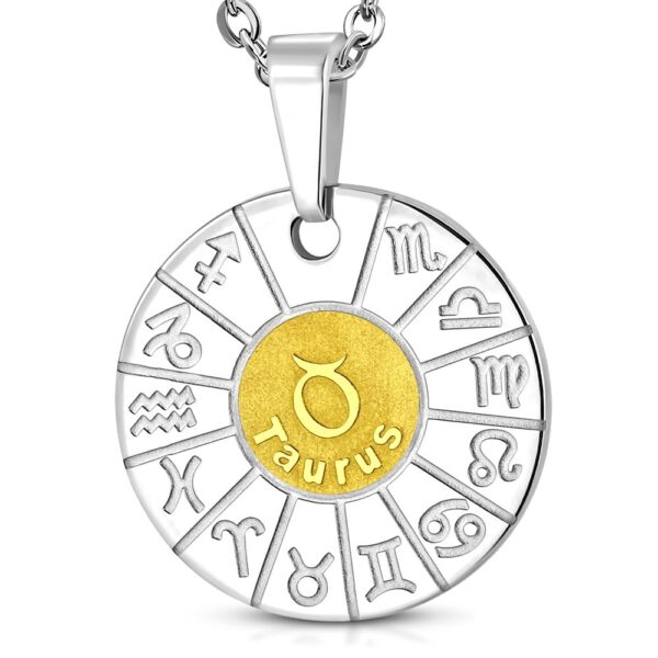 Ezüst és arany színű, kör alakú bika horoszkóp nemesacél medál 