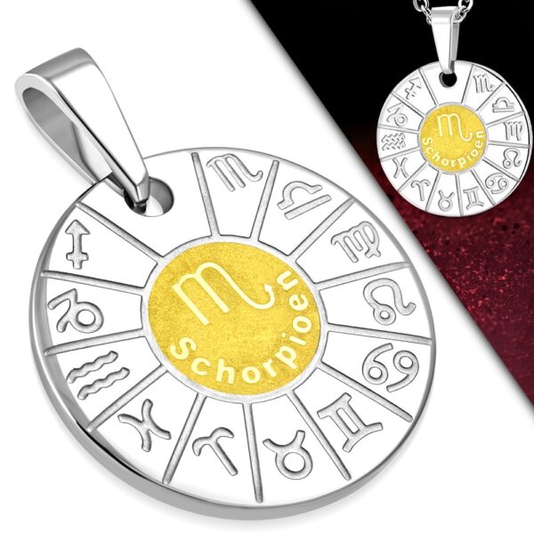 Ezüst és arany színű, kör alakú skorpió horoszkóp nemesacél medál 