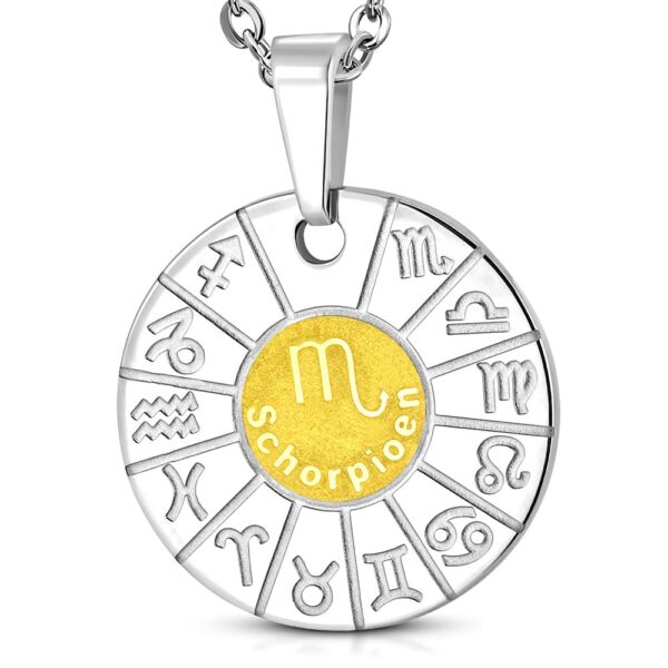 Ezüst és arany színű, kör alakú skorpió horoszkóp nemesacél medál 