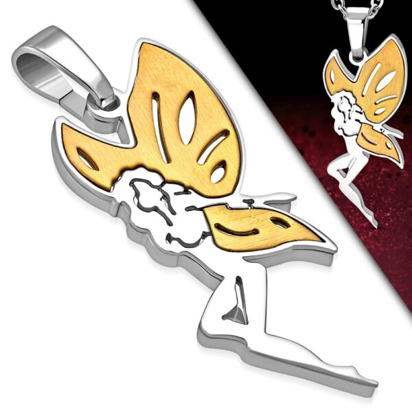 Ezüst és arany színű, tündér formájú nemesacél medál 