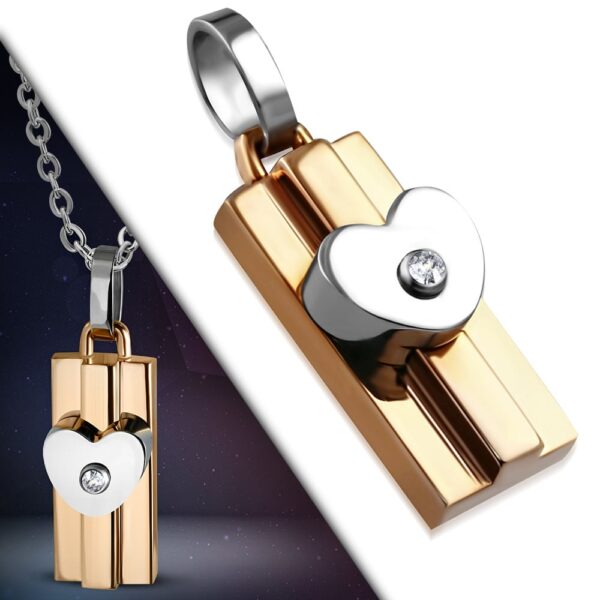 Arany és ezüst színű nemesacél medál, szív alakú, cirkónia kristályos dísszel