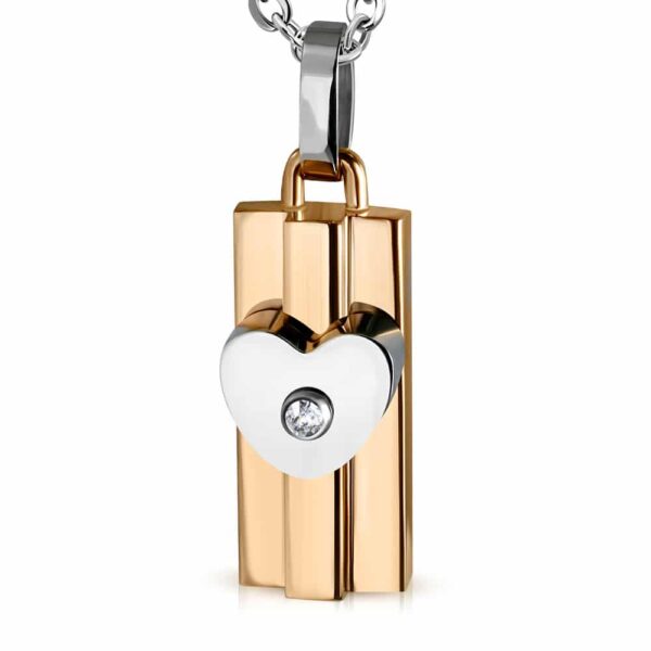 Arany és ezüst színű nemesacél medál, szív alakú, cirkónia kristályos dísszel