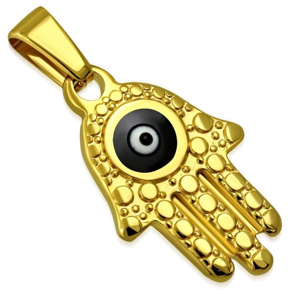 Arany színű fekete szemű Fatima/Hamsa keze nemesacél medál