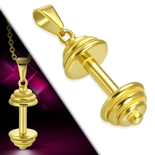 Arany színű, súlyzó formájú nemesacél medál