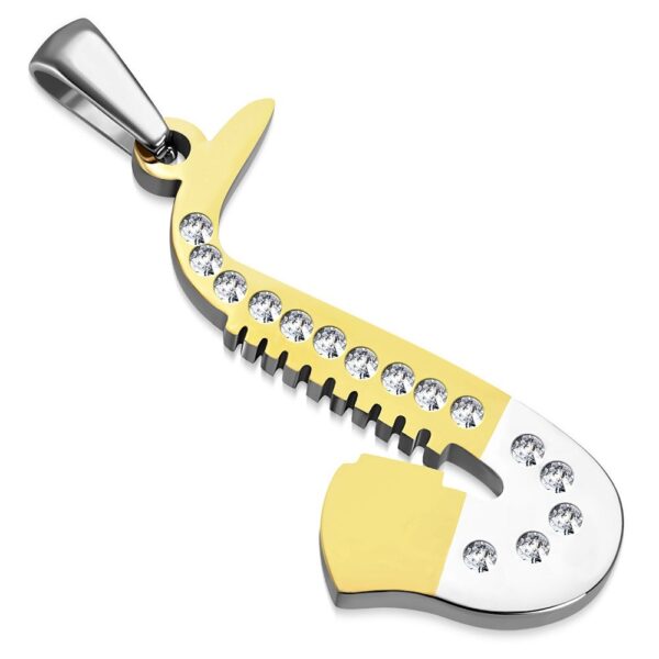 Arany-ezüst színű kristállyal kirakott szaxofon nemesacél medál