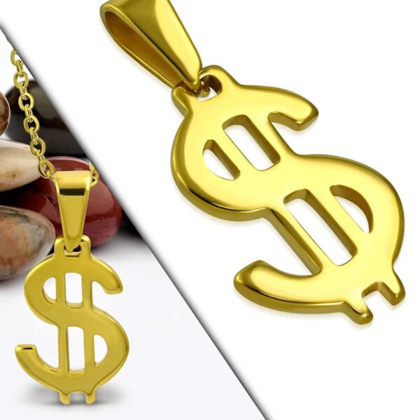 Arany színű, dollár alakú nemesacél medál