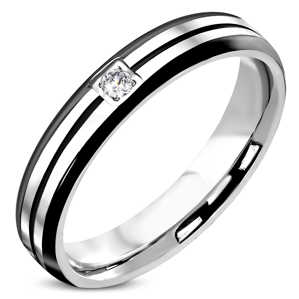 Ezüst és fekete színű nemesacél gyűrű ékszer, cirkónia kristállyal