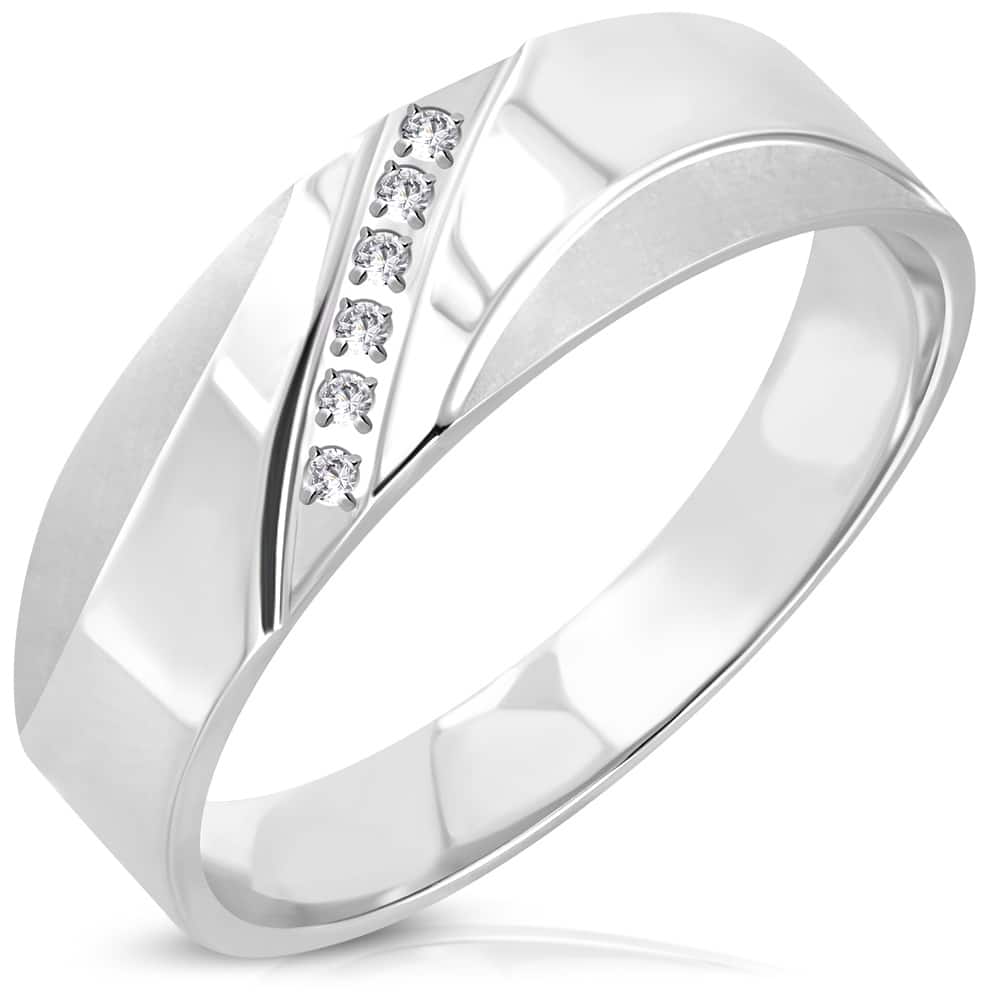 Nemesacél karikagyűrű cirkónia kövekkel kirakott átlós sávval