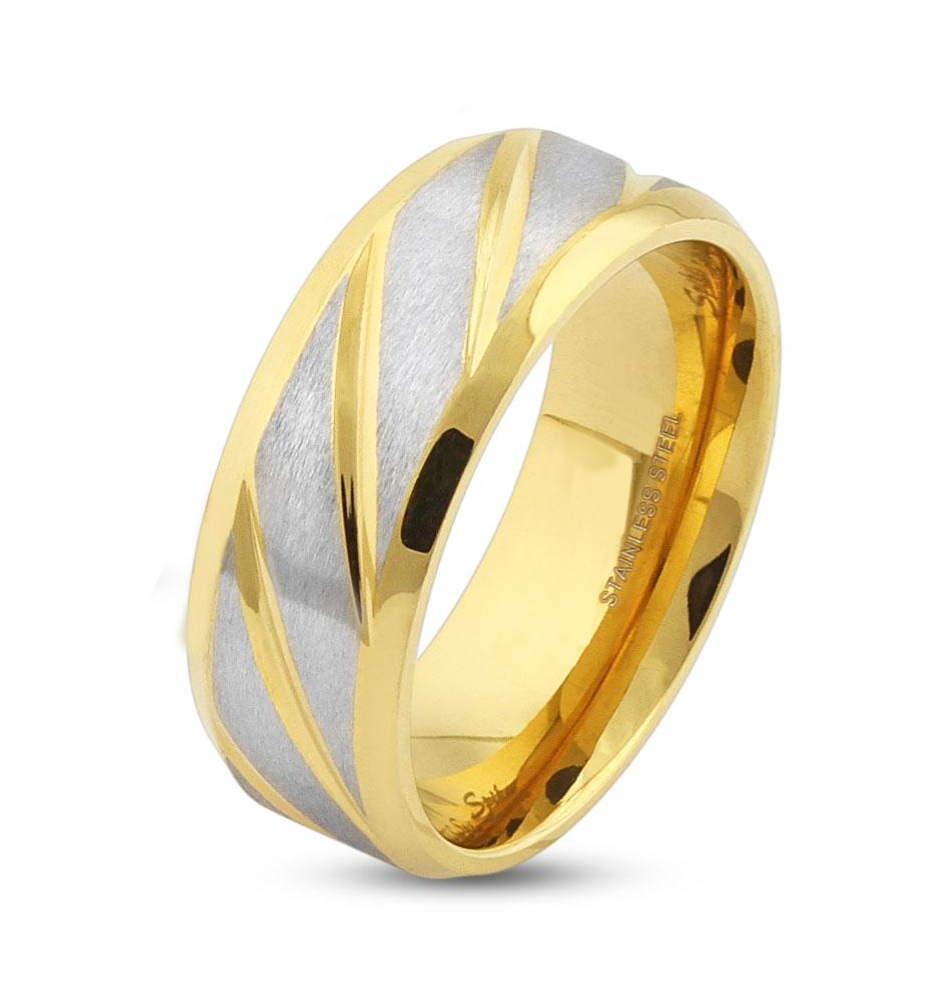 6 mm - Átlósan csíkos, arany és ezüst színű nemesacél gyűrű ékszer