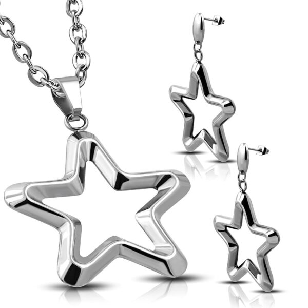 Ezüst színű nemesacél szett, csillag alakú medállal és fülbevalóval