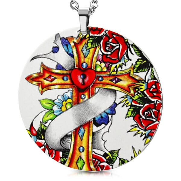 Fehér színű, kerek nemesacél szett, kereszt mintás medállal és fülbevalóval