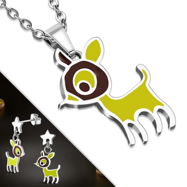 Zománcozott ezüst színű nemesacél szett, őzike alakú medállal és fülbevalóval