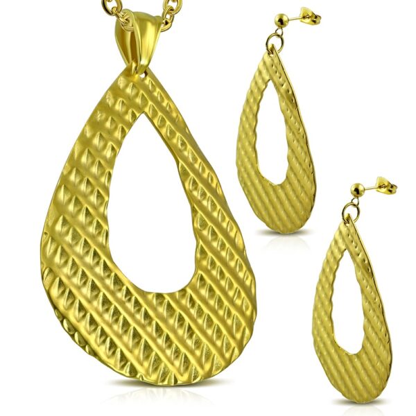 Arany színű nemesacél szett, könnycsepp alakú medállal és fülbevalóval