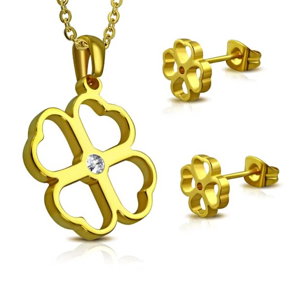 Arany színű nemesacél szett, lóhere alakú medállal és fülbevalóval, cirkónia kristállyal