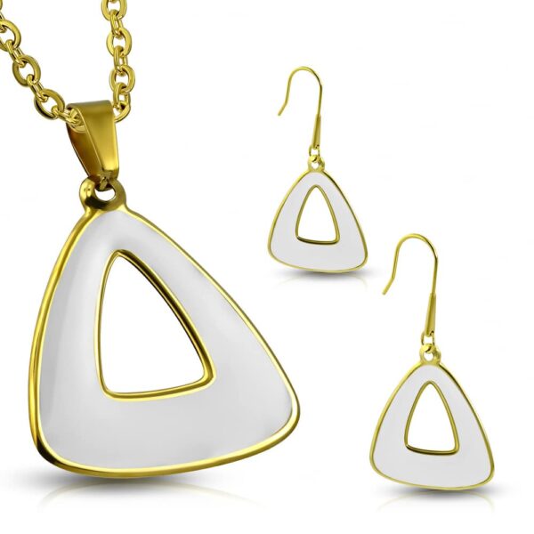 Zománcozott, arany színű nemesacél szett, háromszög alakú medállal és fülbevalóval