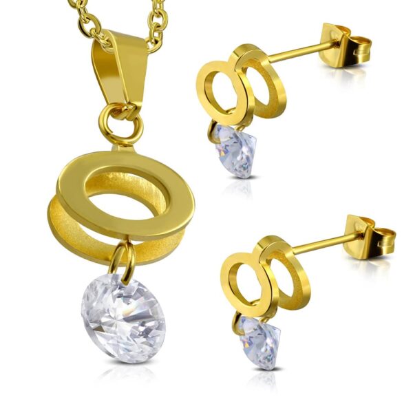 Arany színű, ovális medál és fülbevaló szett, cirkónia kristállyal