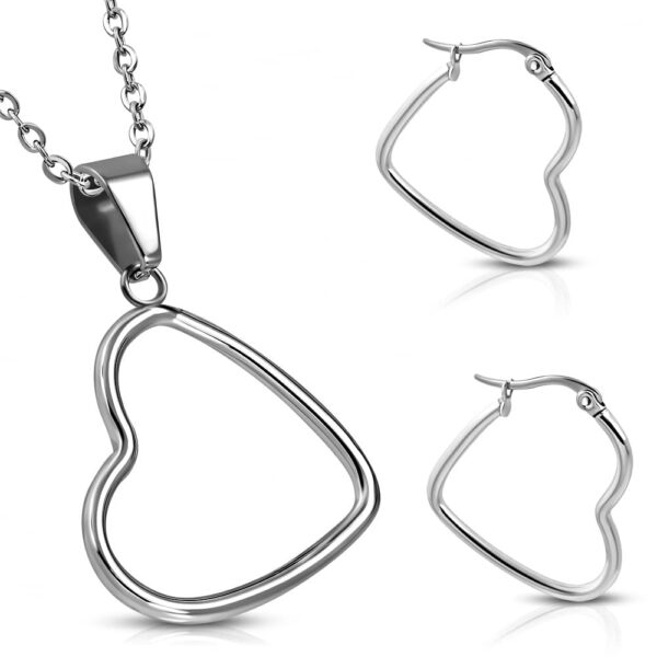 Ezüst színű nemesacél szett, szív alakú medállal és fülbevalóval