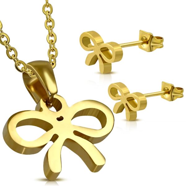 Arany színű nemesacél szett, masni alakú medállal és fülbevalóval