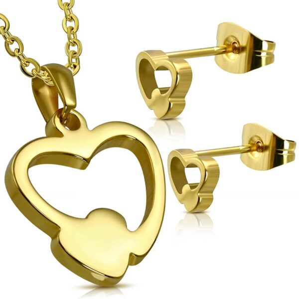 Arany színű nemesacél szett, szív alakú medállal és fülbevalóval