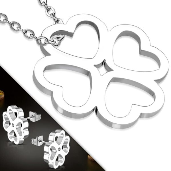 Ezüst színű nemesacél szett, lóhere alakú medállal és fülbevalóval