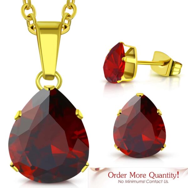 Arany színű nemesacél szett, nyaklánc, medál és fülbevaló, piros színű cirkónia kristállyal