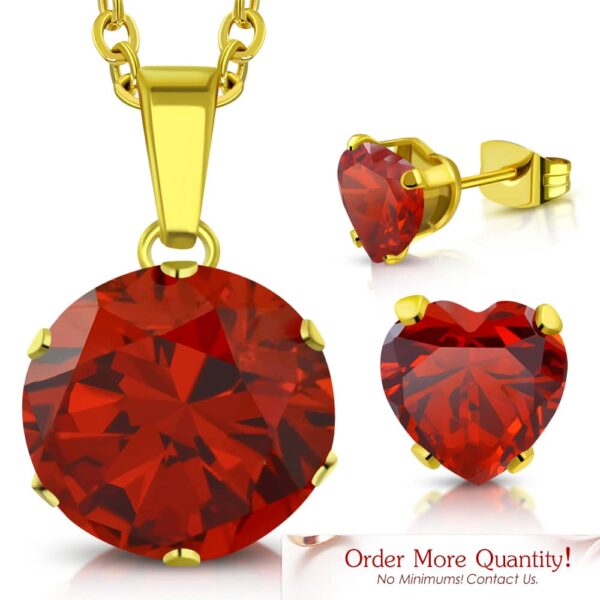 Arany színű nemesacél szett, nyaklánc, medál és fülbevaló, mély vörös cirkónia kristállyal