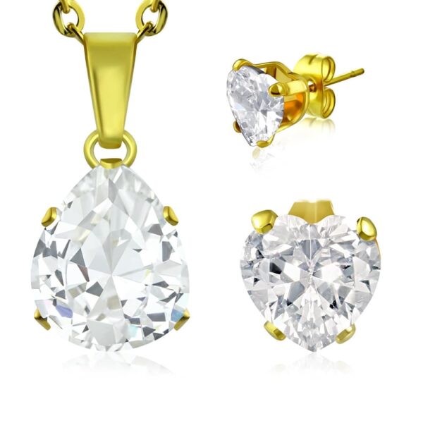 Arany színű nemesacél ékszerszett csepp alakú cirkónia kristállyal - nyaklánc és fülbevaló