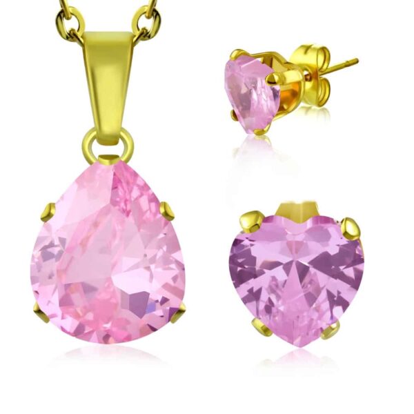 Arany színű nemesacél ékszerszett rózsaszín, csepp alakú cirkónia kővel - nyaklánc és fülbevaló