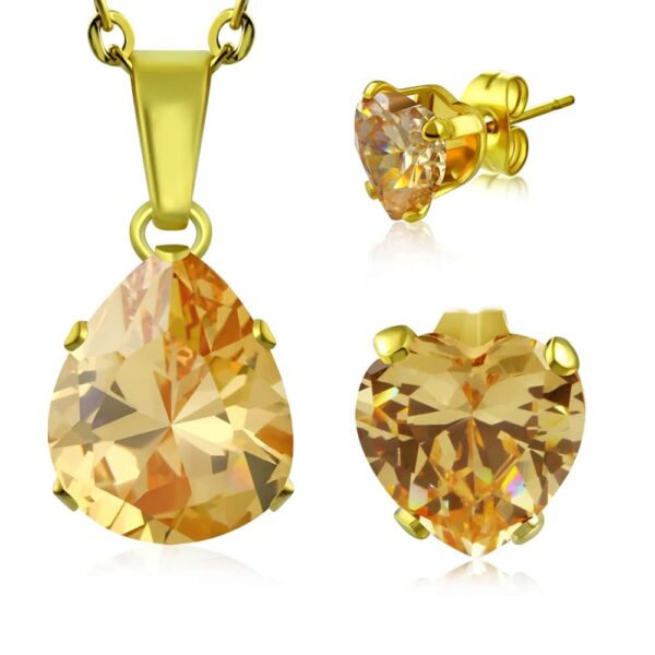 Arany színű nemesacél ékszerszett topáz színű, csepp alakú cirkónia kritállyal - nyaklánc és fülbevaló