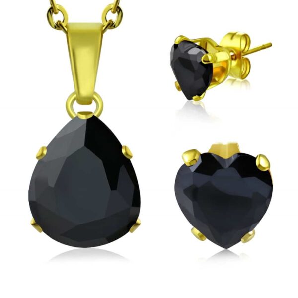 Arany színű nemesacél ékszerszett fekete, csepp alakú cirkónia kristállyal - nyaklánc és fülbevaló