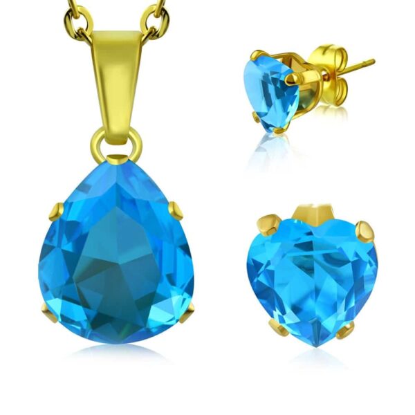 Arany színű nemesacél ékszerszett akvamarin, csepp alakú cirkónia kővel - nyaklánc és fülbevaló