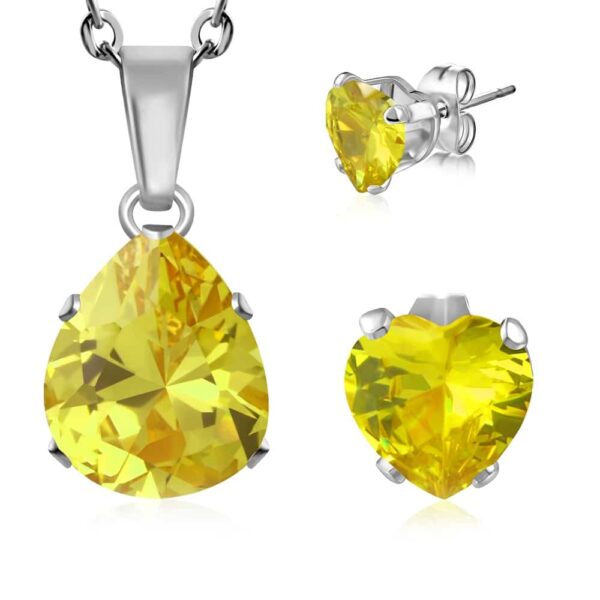 Nemesacél ékszerszett, sárga, csepp alakú cirkónia kristállyal - nyaklánc és fülbevaló