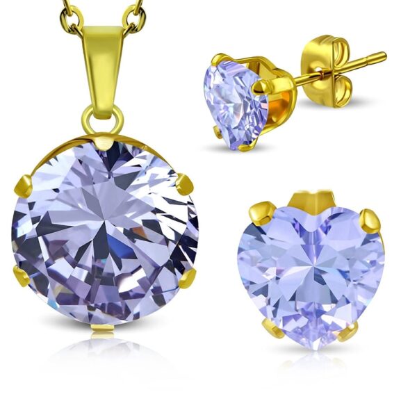 Arany színű nemesacél ékszerszett halványlila cirkónia kristállyal - nyaklánc és fülbevaló