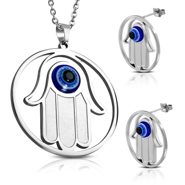 Ezüst színű nemesacél szett, kék szemű kéz formával, medál és fülbevaló