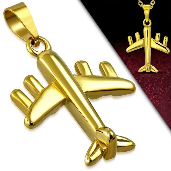 Arany színű, repülőgép alakú nemesacél medál